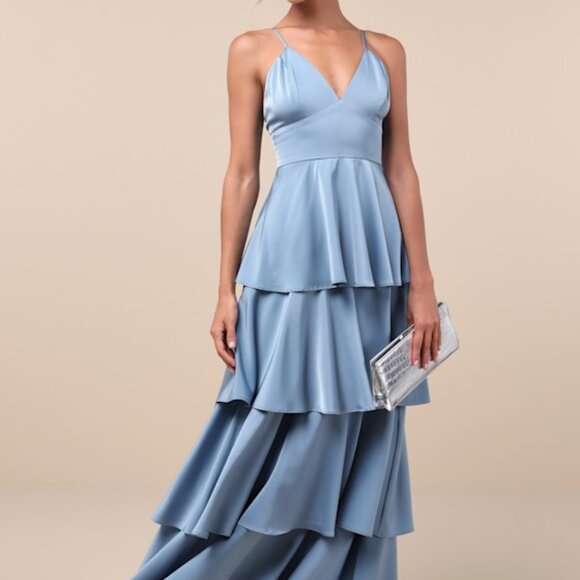 Lulus Going With Elegance Slate Blue Satin Tiered Gown - Size L - Picture 1 of 2